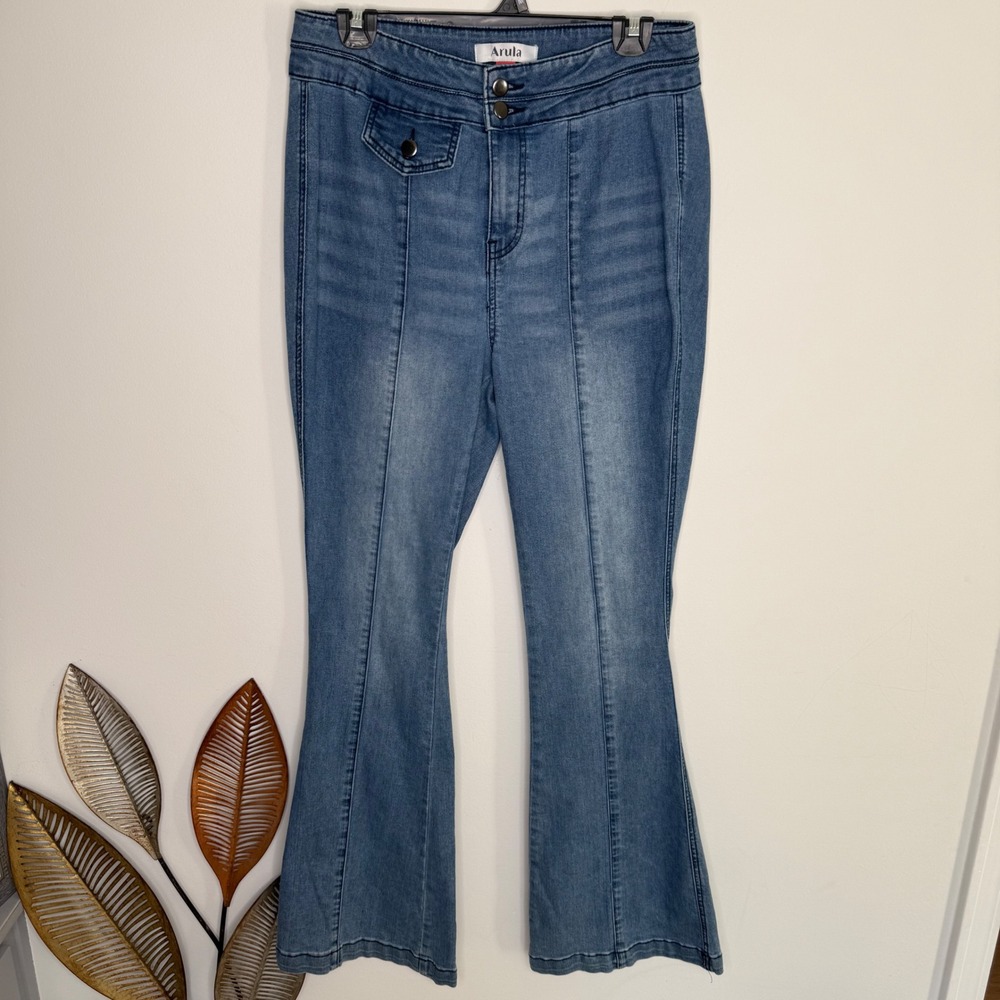 C19 Arula High Rise Flare Jeans Medium Wash Seam Detail Blue Denim Baggy Size 10